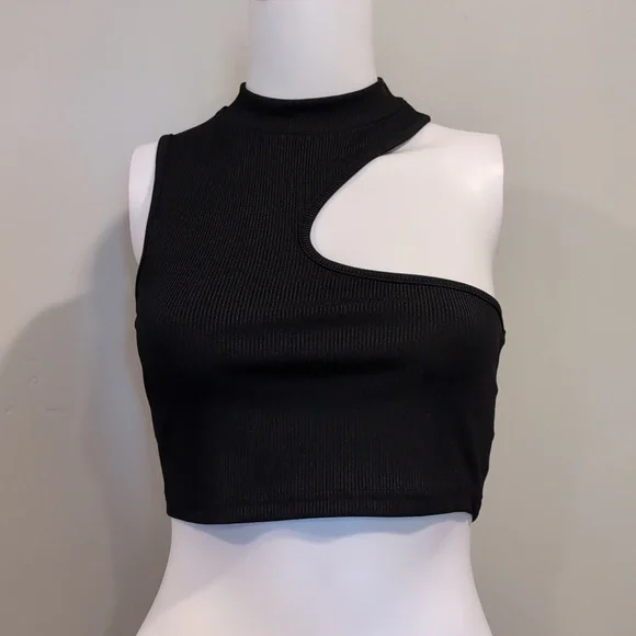 SHEIN Black Ribbed High Neck Asymmetric Sleeveless Crop Top Size Small - Picture 1 of 6
